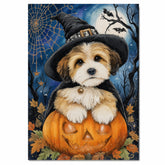 Tibetan Terrier Dog Halloween Scary Orange Pumpkin Ghost Witch Hat Framed Wall Decor Canvas Painting Prints on Ready to Hang 1.5" Thick Canvas Wrap, Floating Framed Canvas, Flat Rolled Canvas